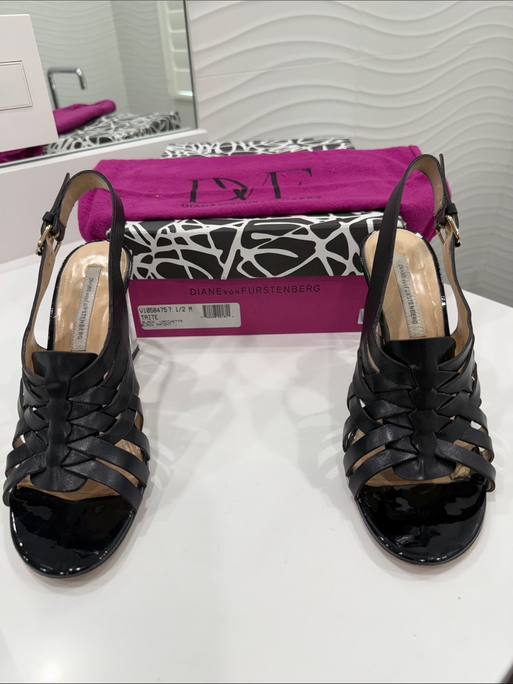 Diane Von Furstenberg Black Woven leather Slingback Heels
